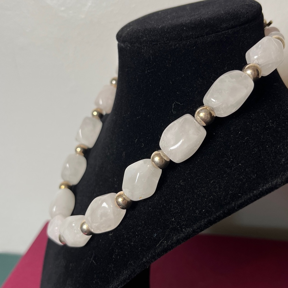 Sterling Silver Bead and White Agate Chunky Stone Necklace 17''L - Picture 4 of 6